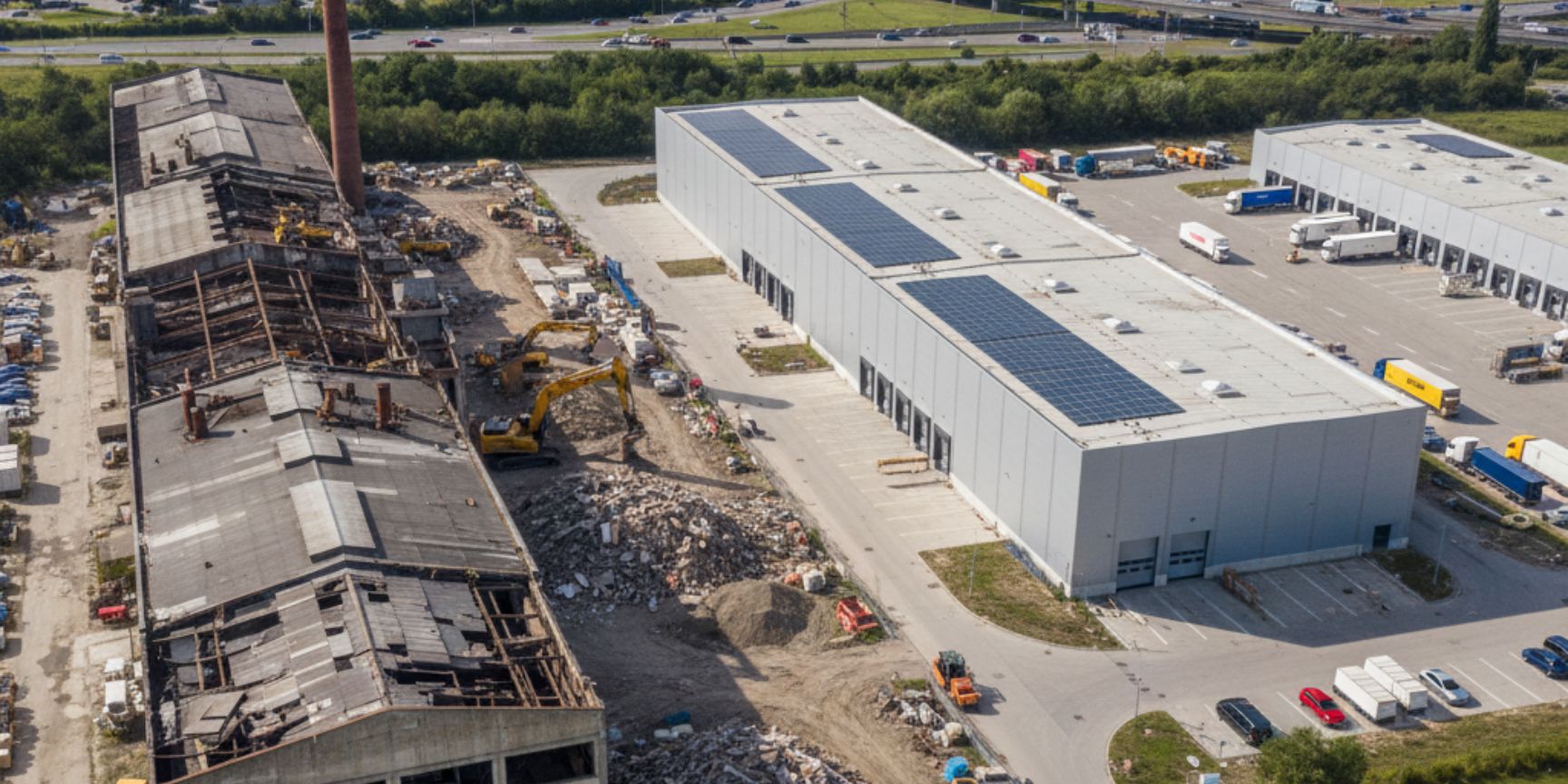 Drone shot of a Greyfield site with a half-demolished industrial hall next to a modern logistics hall with solar panels. In the background you can see a motorway and urban buildings.